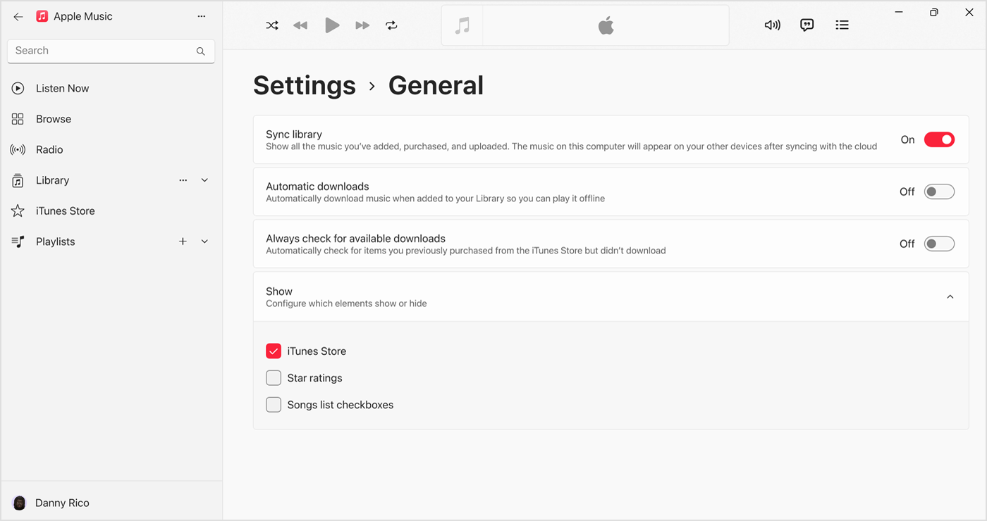 Aplikacija Apple Music za Windows s prikazano vklopljeno funkcijo »Sync Library« (Sinhroniziraj knjižnico) na zaslonu »Settings« (Nastavitve) > »General« (Splošno) 