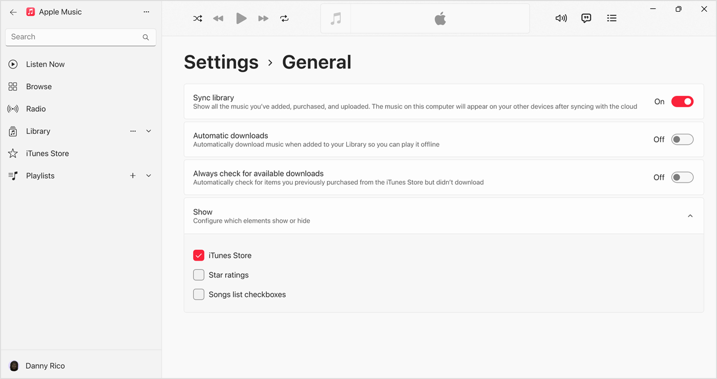 Windowsi jaoks mõeldud rakendus Apple Music, kus valik Sync Library (Sünkrooni teek) on sisse lülitatud menüü Settings (Seaded) jaotises General (Üldine) 