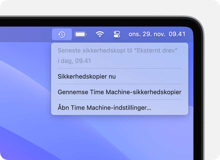 Menuen Time Machine, der viser oplysninger om den seneste sikkerhedskopiering