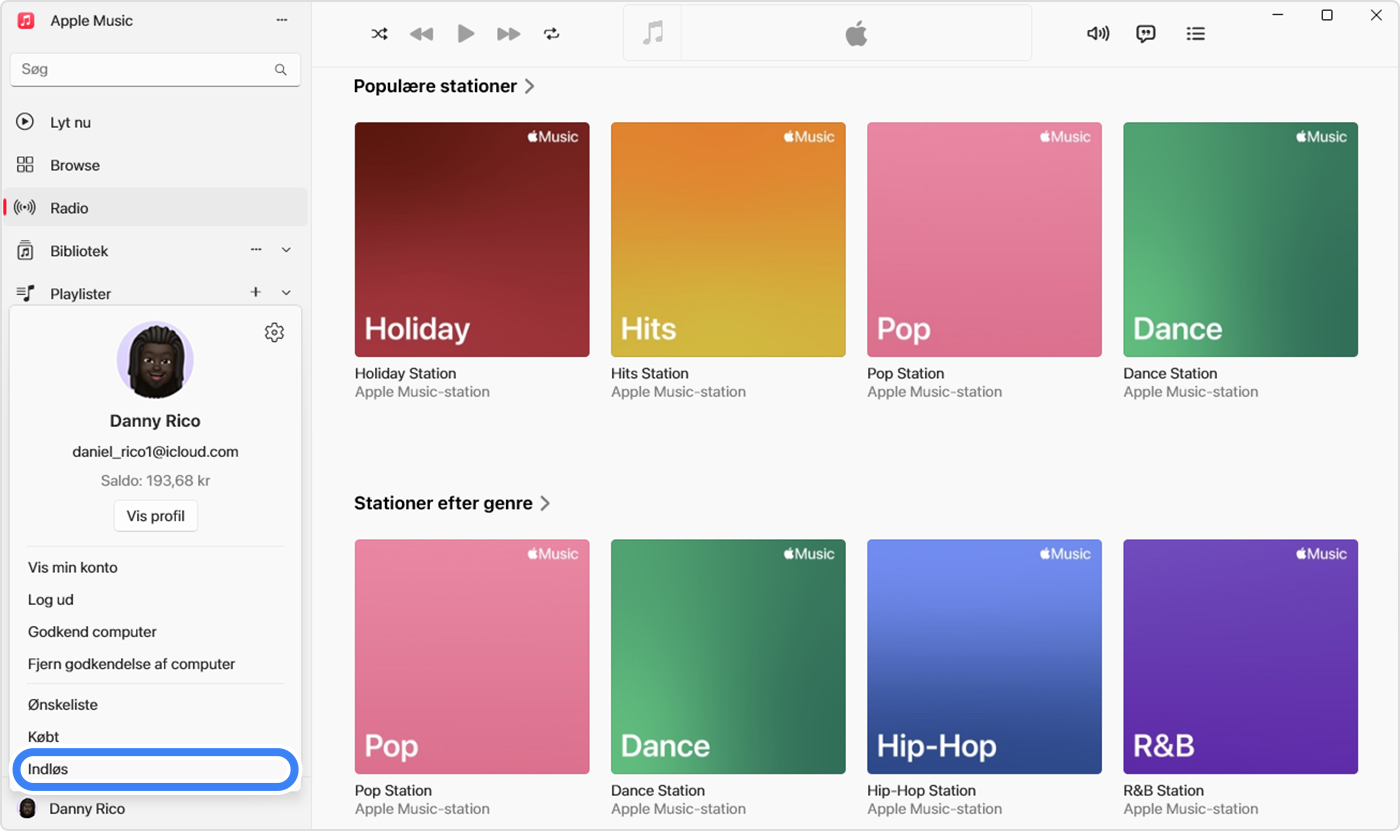 Appen Apple Music på en pc, der viser, at Indløs er valgt for at indløse et gavekort