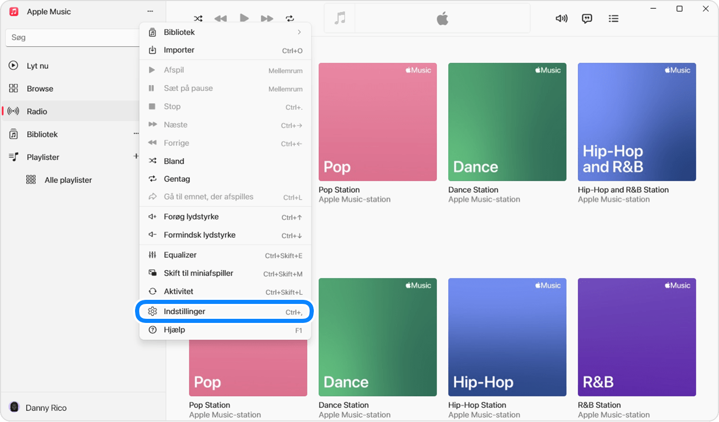 Appen Apple Music til Windows med visning af Indstillinger i den menu, der vises, når du klikker på knappen Mere i indholdsoversigten.