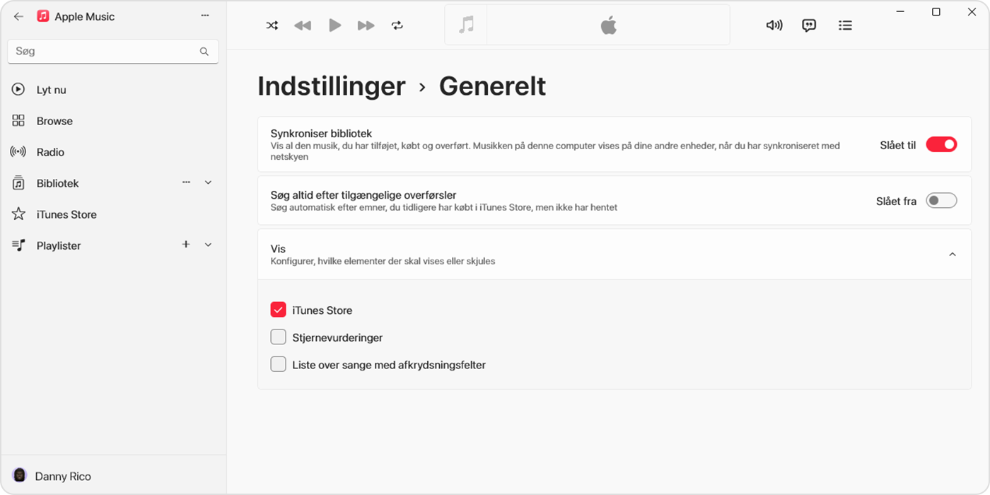 Appen Apple Music til Windows med visning af iTunes Store valgt i Indstillinger > Generelt