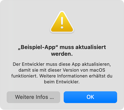 Warnmeldung, dass eine App aktualisiert werden muss
