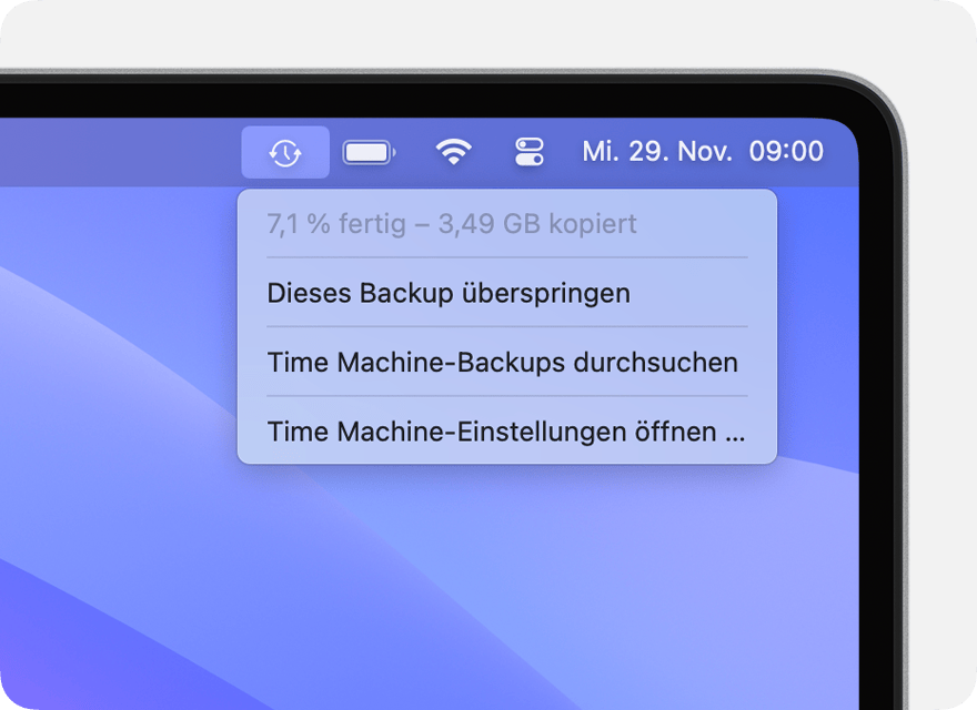 Time Machine-Menü mit laufendem Backup
