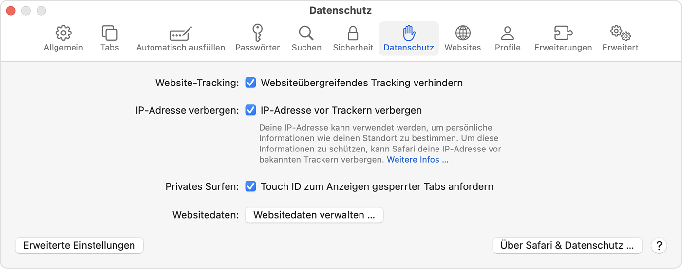 Wähle auf einem Mac „Safari“ > „Einstellungen“ > „Datenschutz“, um „Touch ID zum Anzeigen gesperrter Tabs anfordern“ zu aktivieren.