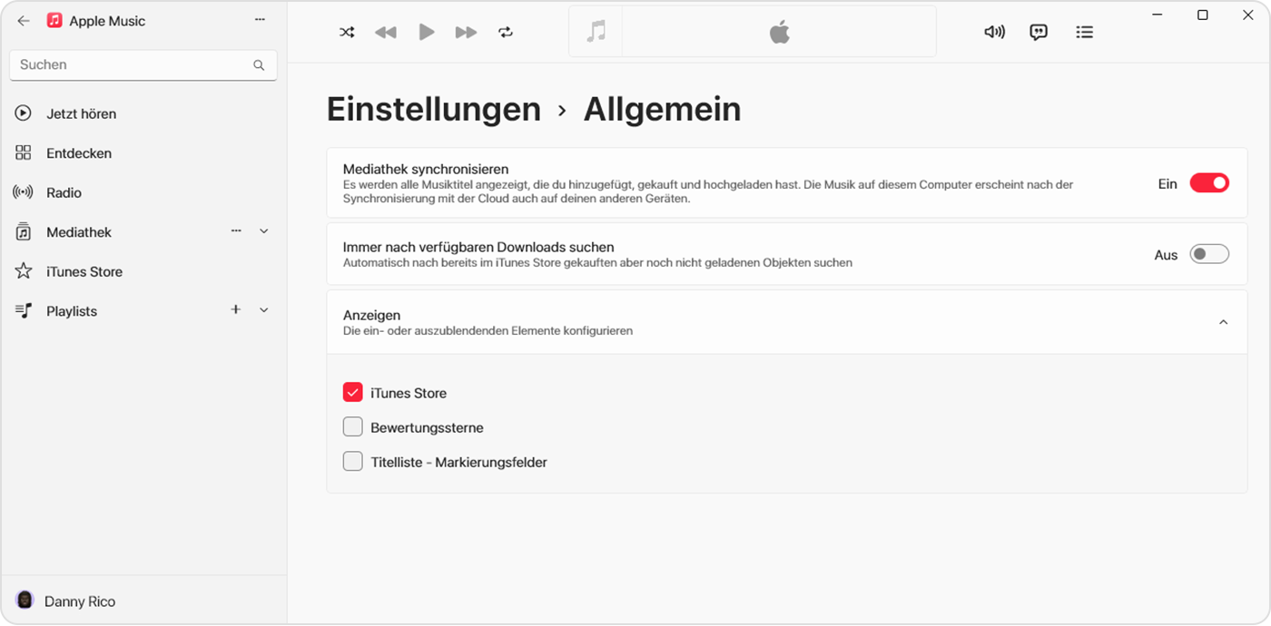 Die Apple Music-App für Windows mit dem unter „Einstellungen“ > „Allgemein“ ausgewählten iTunes Store