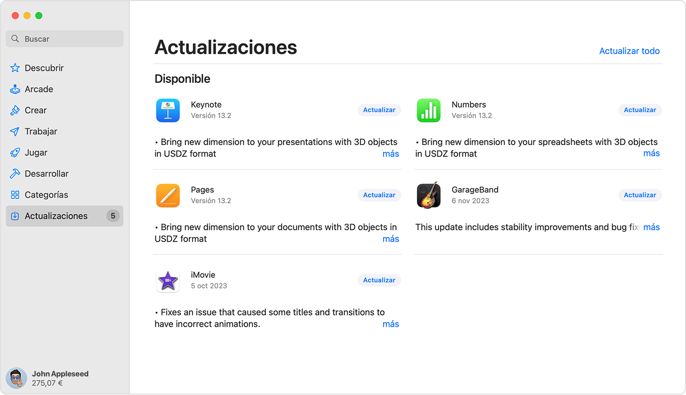 Mac que muestra la página de actualizaciones en el App Store.