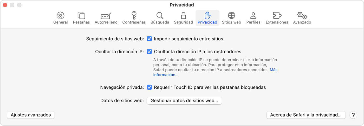 En el Mac, ve a Safari > Ajustes y luego selecciona Privacidad para activar la opción de requerir Touch ID para ver las pestañas bloqueadas.