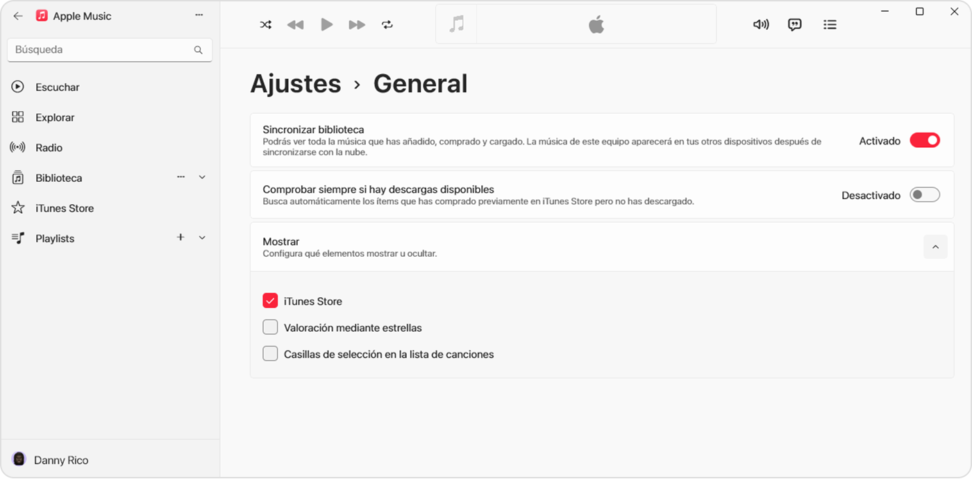 La app Apple Music para Windows muestra que Sincronizar biblioteca está activado en Ajustes > General 