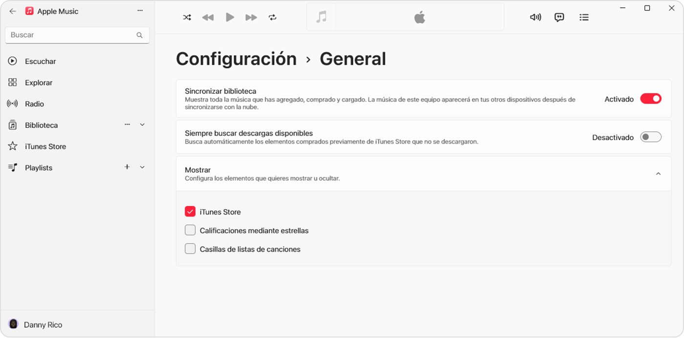App Apple Music para Windows en la que se muestra la opción Sincronizar biblioteca activada en Configuración > General 