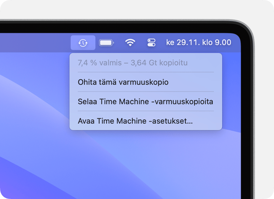 Time Machine -valikko, jossa näkyy käynnissä oleva varmuuskopiointi