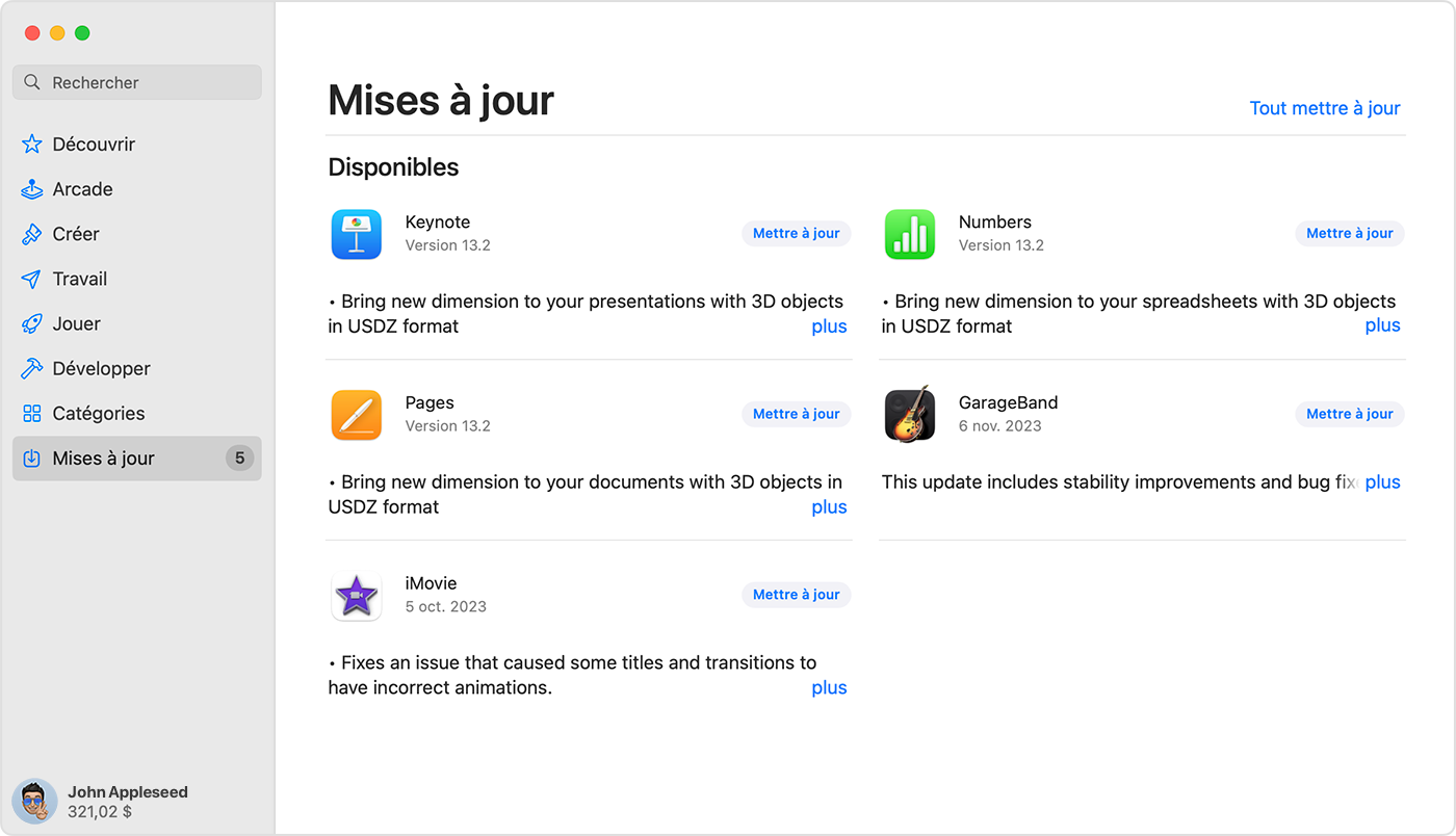 Mac affichant la page Mises à jour dans l’App Store.