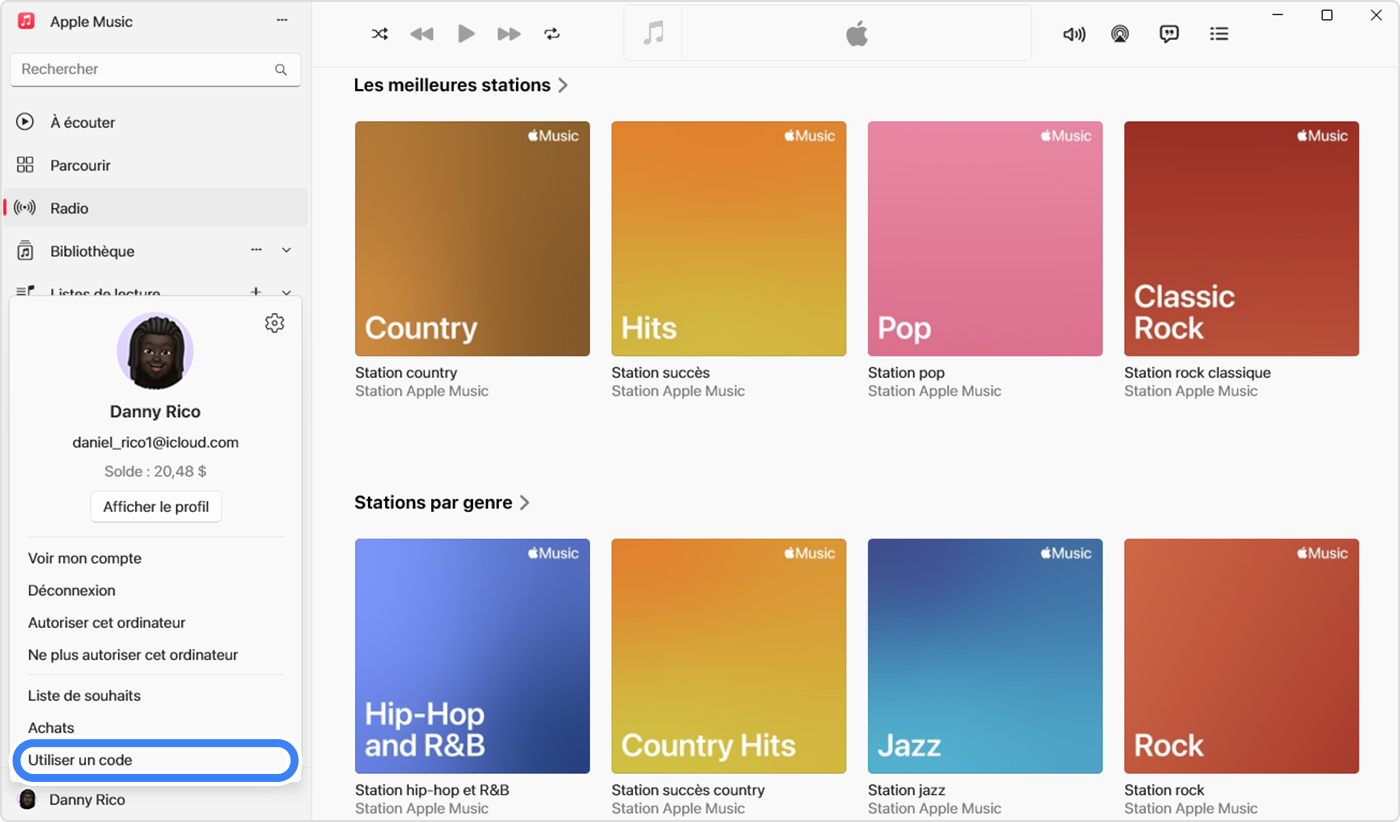 L’app Apple Music sur un PC affichant l’option Utiliser sélectionnée pour utiliser une carte-cadeau