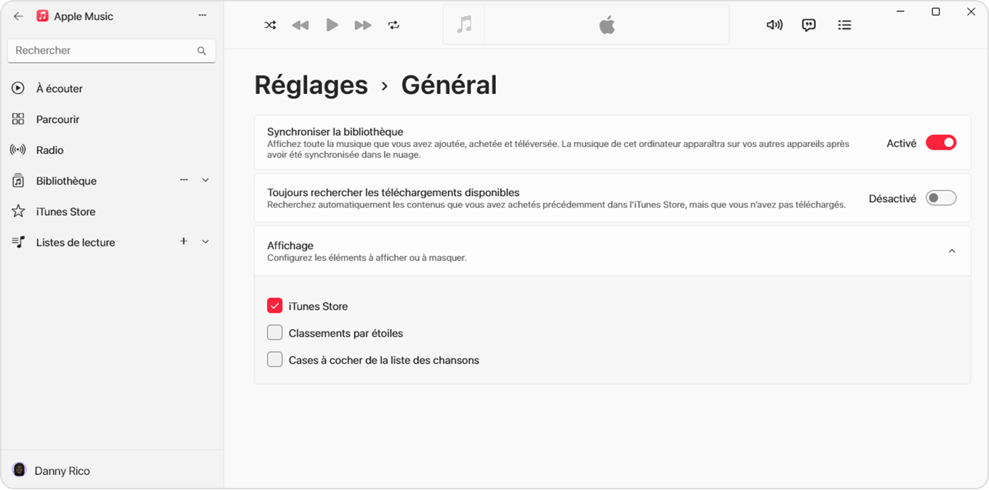 App Apple Music pour Windows affichant l’iTunes Store sélectionné dans Réglages > Général