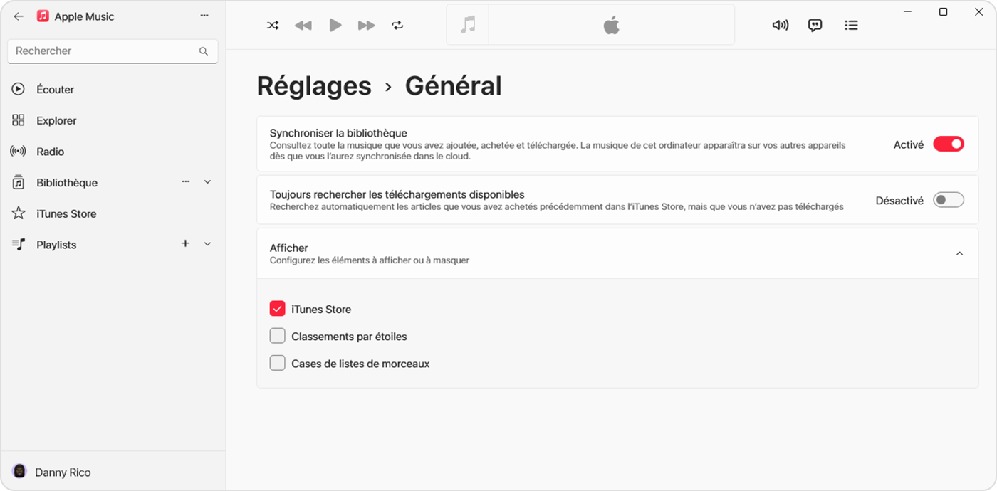 App Apple Music pour Windows présentant l’iTunes Store sélectionné sous Réglages > Général