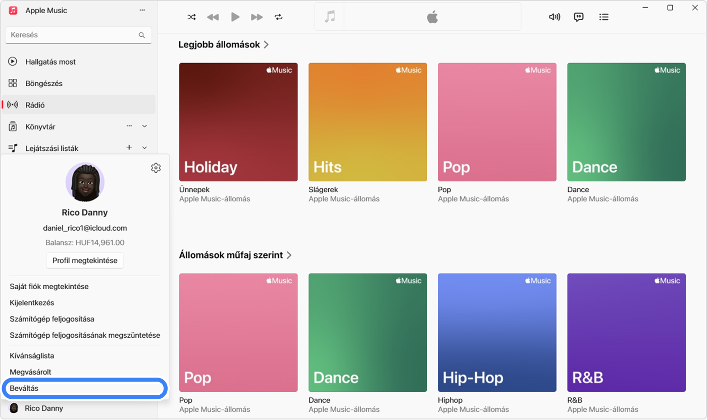 A PC-n található Apple Music alkalmazásban az ajándékkártya beváltásához használható Beváltás van kijelölve