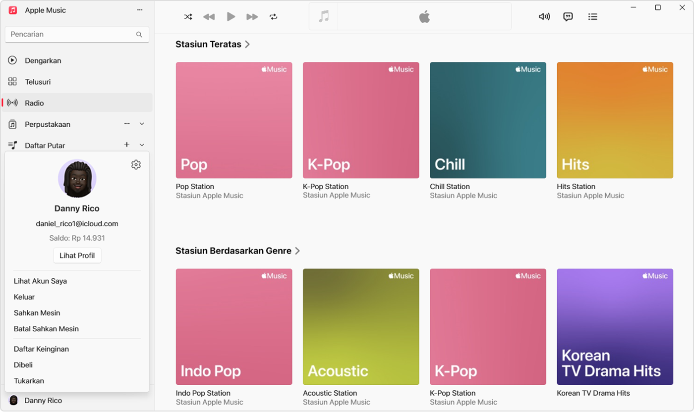 Menu Akun di Apple Music untuk Windows, dengan saldo akun akan ditampilkan.