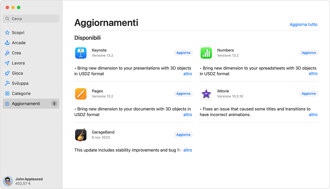 Mac che mostra la pagina Aggiornamenti nell'App Store.