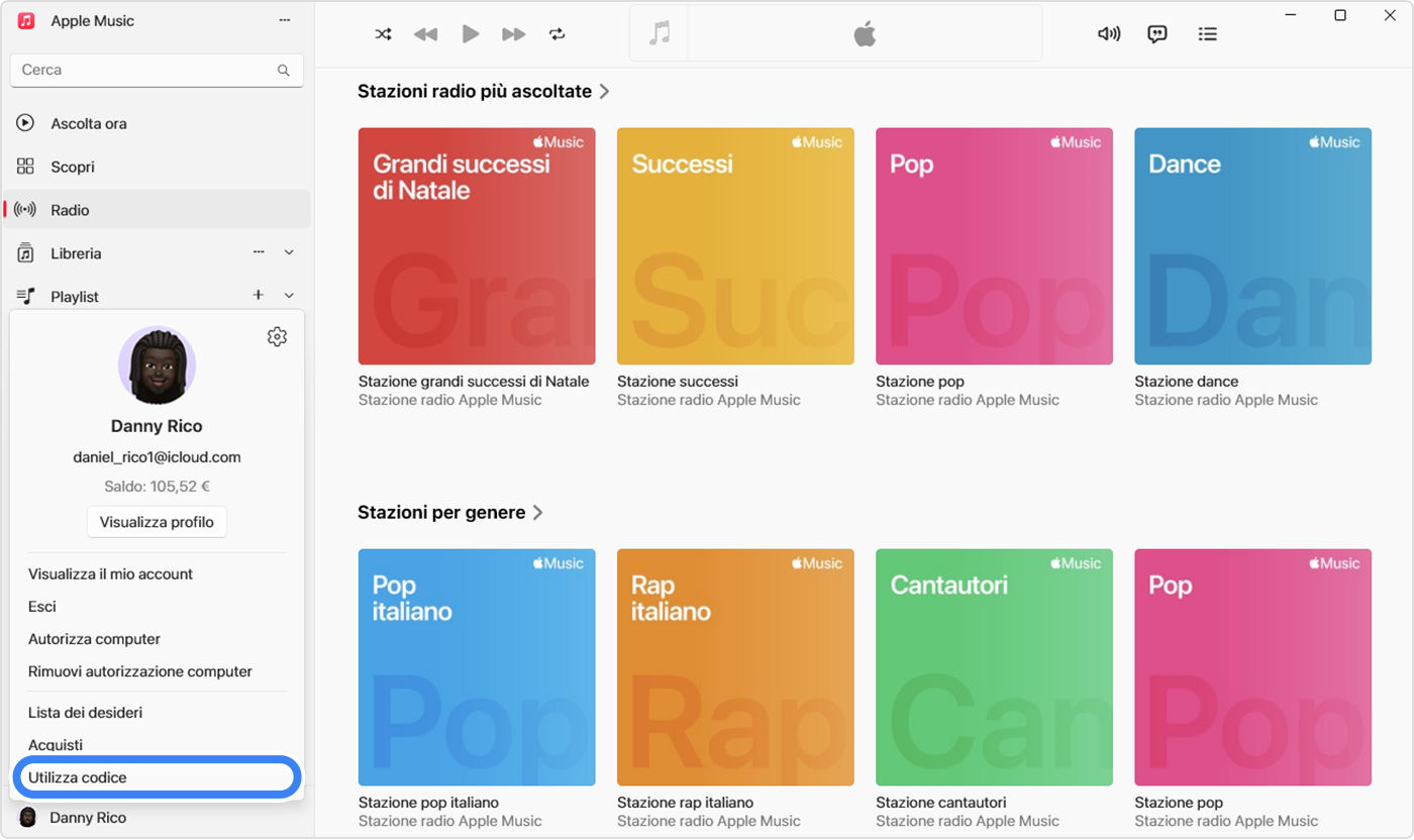 L'app Apple Music su un PC che mostra l'opzione Utilizza codice selezionata per utilizzare una carta regalo