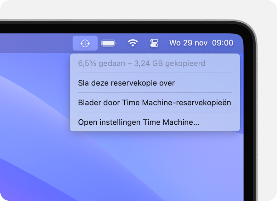Time Machine-menu met een reservekopie die wordt gemaakt