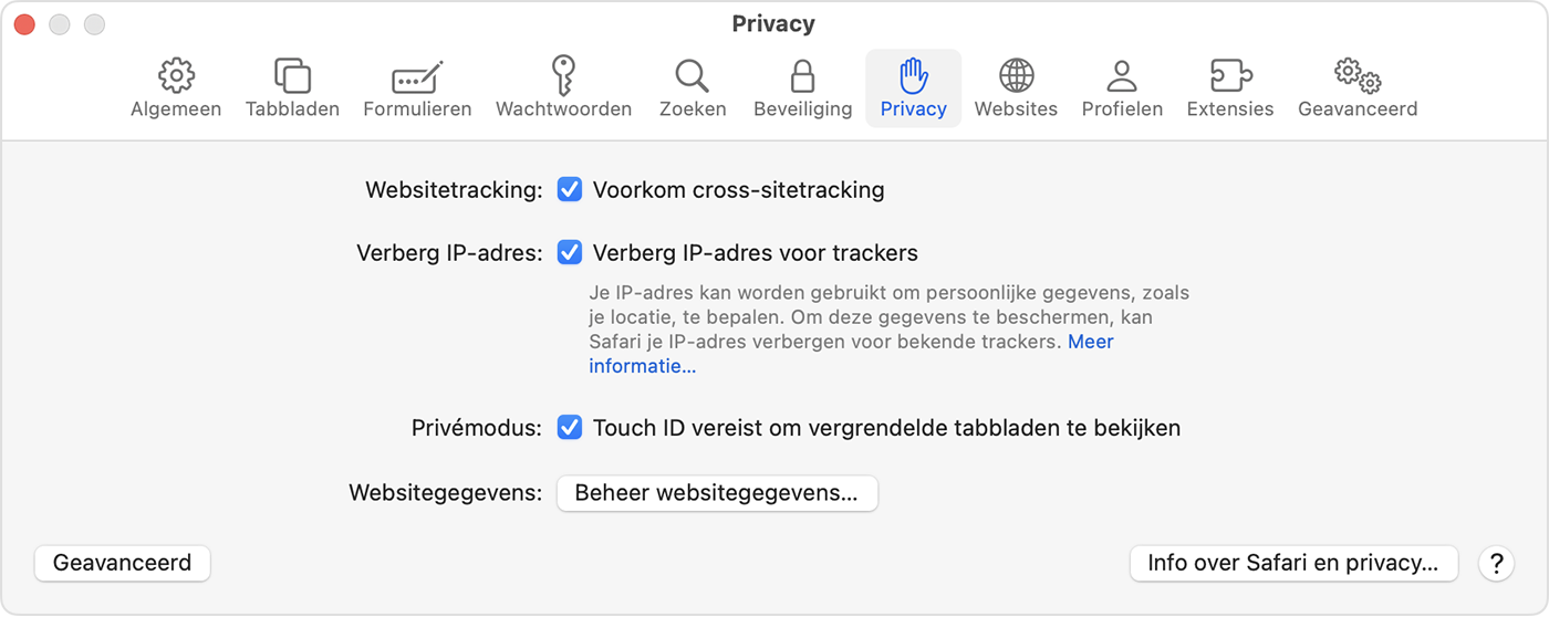 Ga op de Mac naar 'Safari' > 'Instellingen' en kies vervolgens 'Privacy' om in te stellen dat Touch ID vereist is om vergrendelde tabbladen te bekijken.