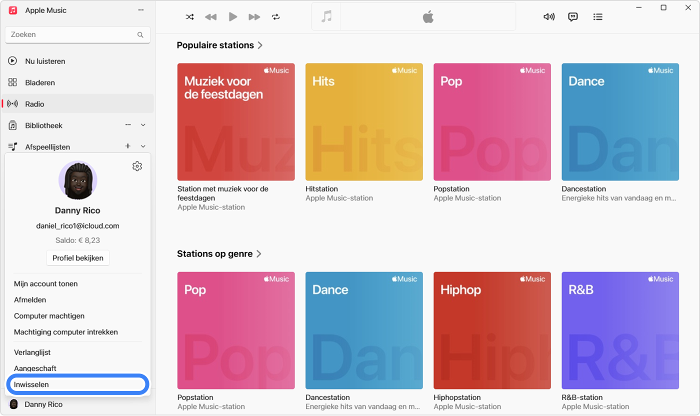 De Apple Music-app op een pc waarop inwisselen is geselecteerd om een cadeaubon in te wisselen
