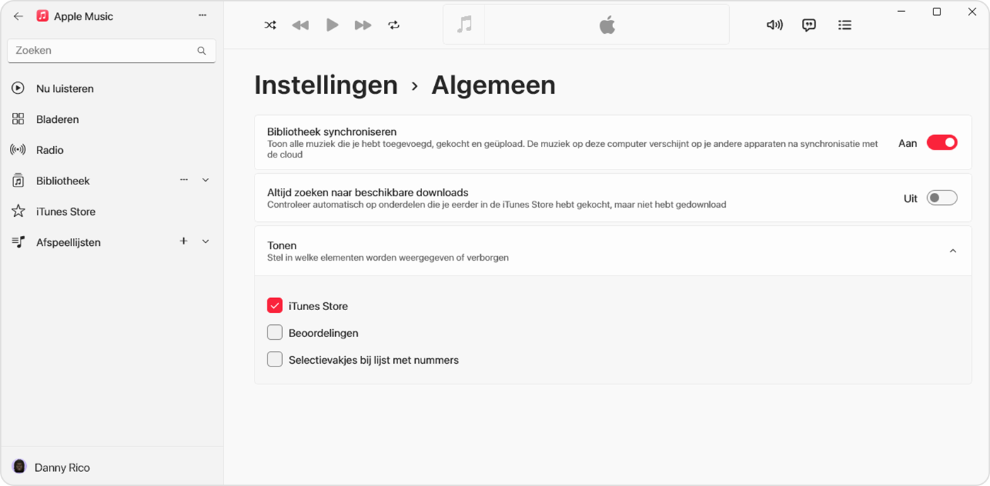 De Apple Music-app voor Windows met de iTunes Store geselecteerd in 'Instellingen' > 'Algemeen'