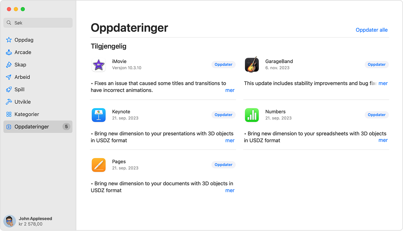 Mac som viser Oppdateringer-siden i App Store.