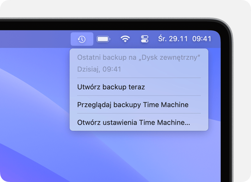 Menu aplikacji Time Machine wyświetlające szczegóły ostatniego backupu