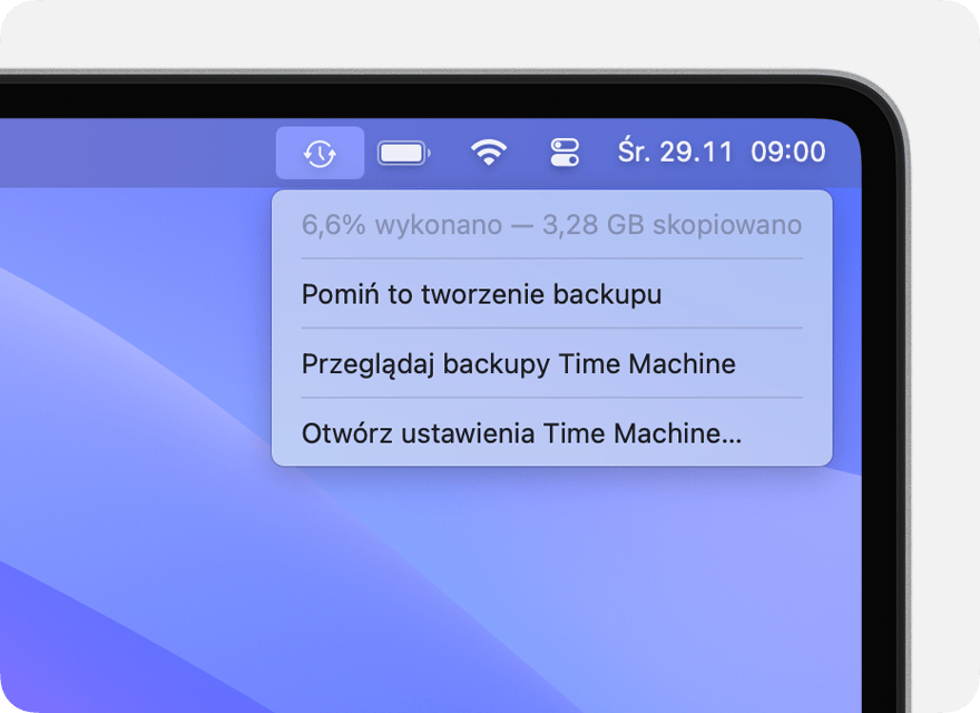 Menu aplikacji Time Machine wyświetlające trwające tworzenie backupu