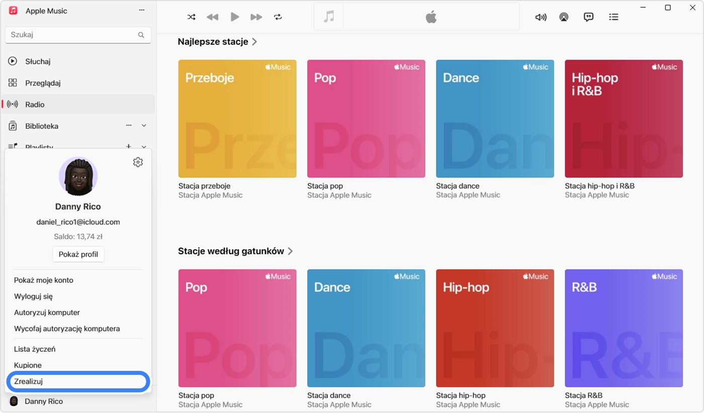 Aplikacja Apple Music na komputerze PC z zaznaczoną opcją Zrealizuj w celu zrealizowania karty upominkowej