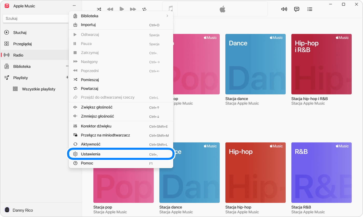 Aplikacja Apple Music dla systemu Windows wyświetlająca Ustawienia w menu wyświetlanym po kliknięciu przycisku czynności na pasku bocznym.