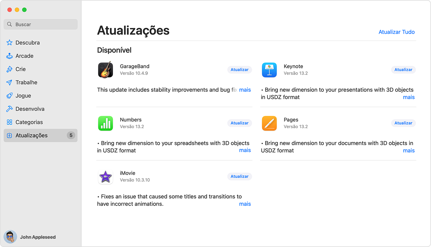 Mac mostrando a página Atualizações na App Store.