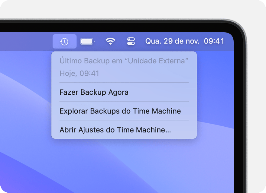 Menu do Time Machine mostrando informações sobre o backup mais recente