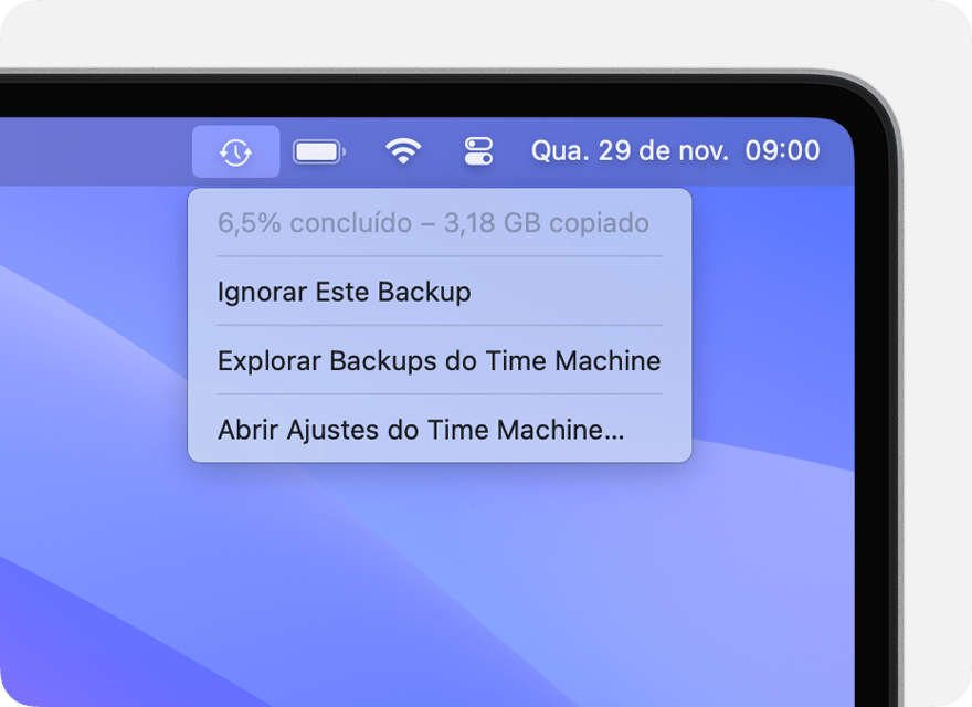 Menu do Time Machine mostrando um backup em andamento