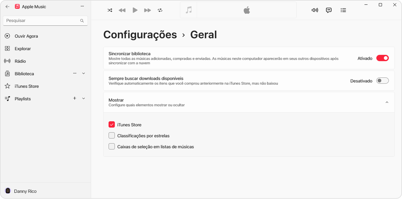 O app Apple Music para Windows mostrando a iTunes Store selecionada em Configurações > Geral