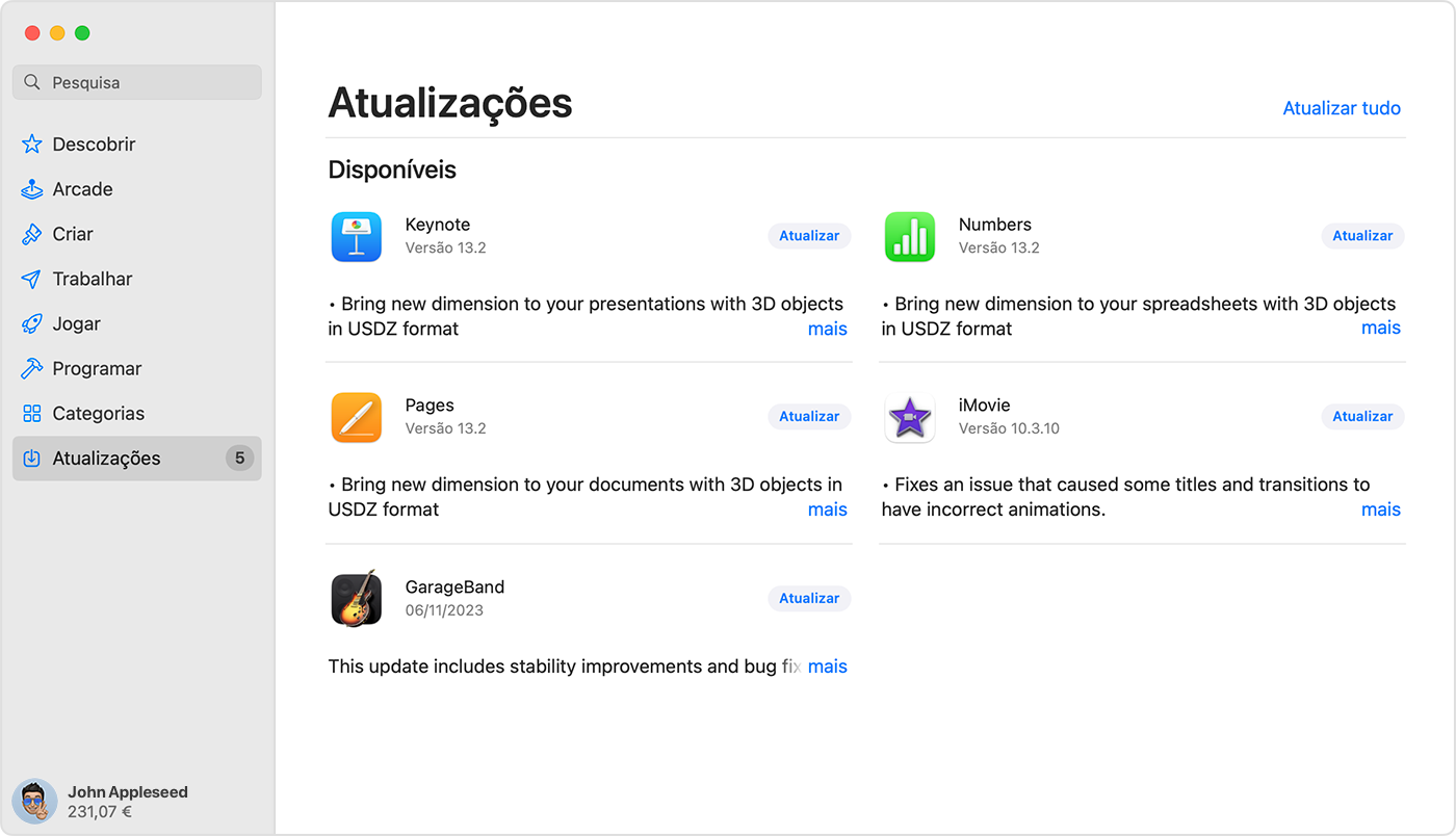 Mac a mostrar a página Atualizações na App Store.