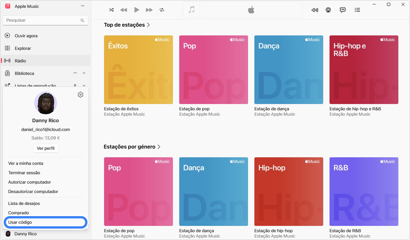 A app Apple Music num PC a mostrar a opção Utilizar selecionada para utilizar um vale-oferta