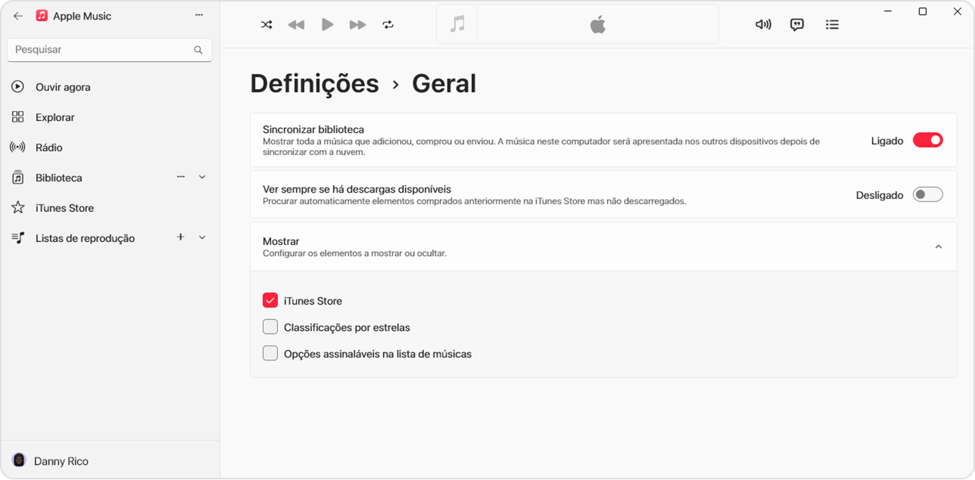 A app Apple Music para Windows a mostrar a iTunes Store selecionada em Definições > Geral