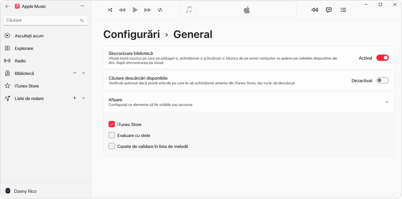 Aplicația Apple Music pentru Windows, care afișează iTunes Store selectată în Configurări > General