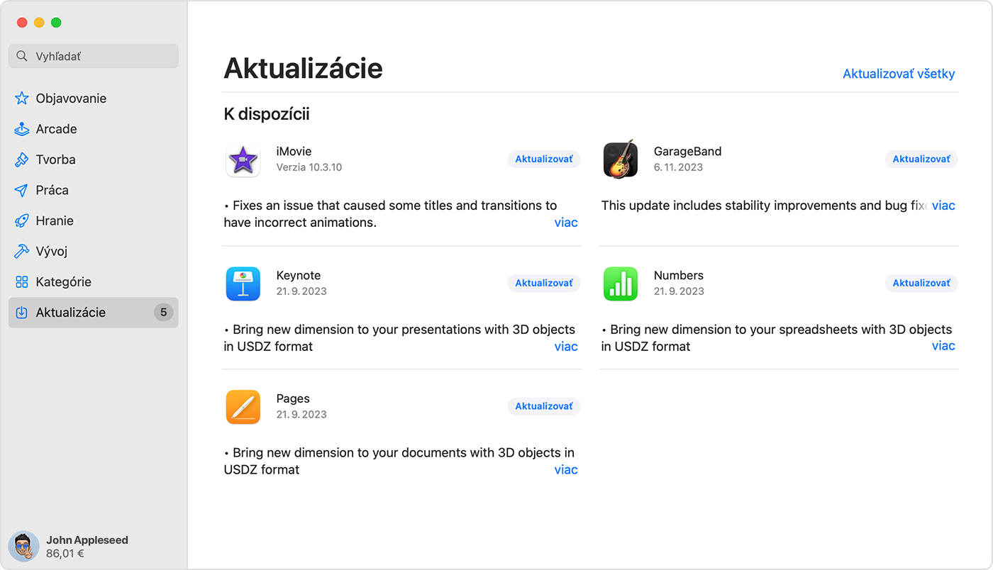 Mac so stránkou Aktualizácie v App Store.