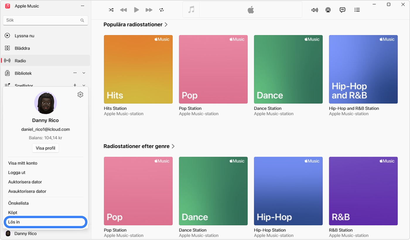 Apple Music-appen på en pc som visar Lös in valt för att lösa in ett presentkort