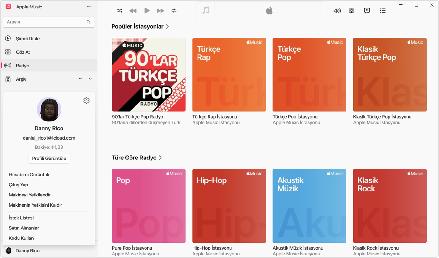 Windows için Apple Music uygulamasında hesap bakiyesinin vurgulandığı Hesap menüsü.