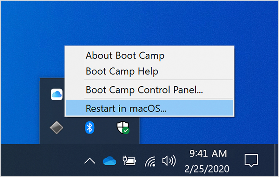 Boot Camp menu in Windows 10