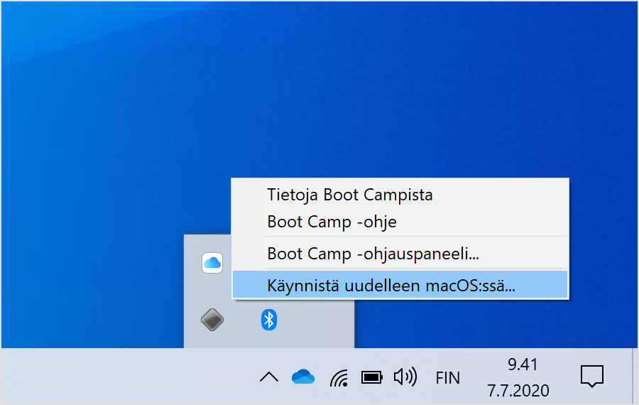 Boot Camp menu in Windows 10