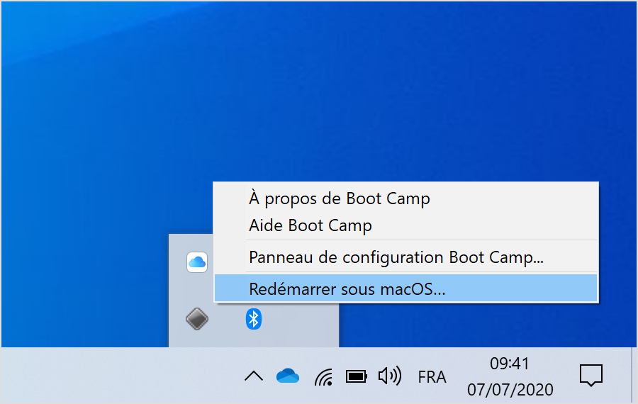 Boot Camp menu in Windows 10