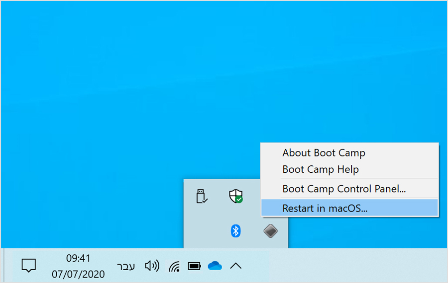 Boot Camp menu in Windows 10