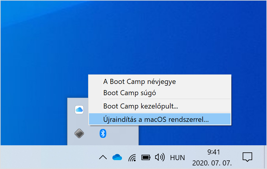 Boot Camp menu in Windows 10