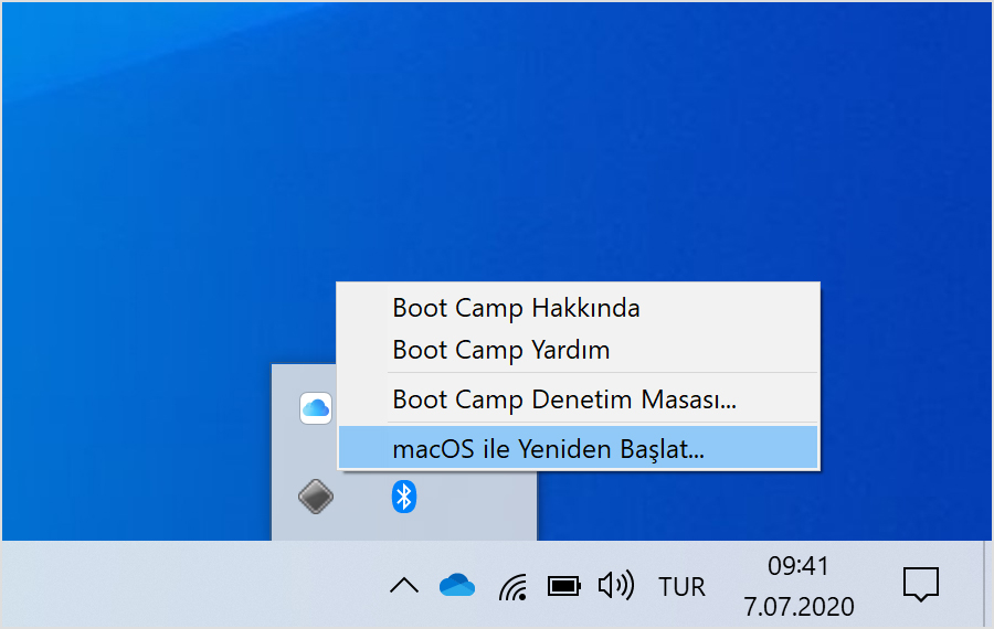 Boot Camp menu in Windows 10