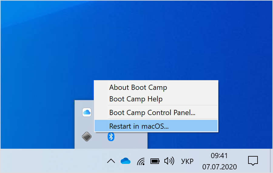 Boot Camp menu in Windows 10